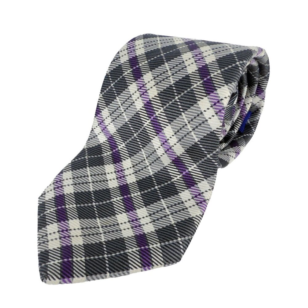 ETON 100% Silk Plaid‎ Gray Purple Tie W3” x L58”
